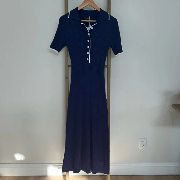 Merokeety Ribbed Knit MIDI Polo Dress Blue Button V-Neck Size S NWT Old Money - Picture 2 of 9